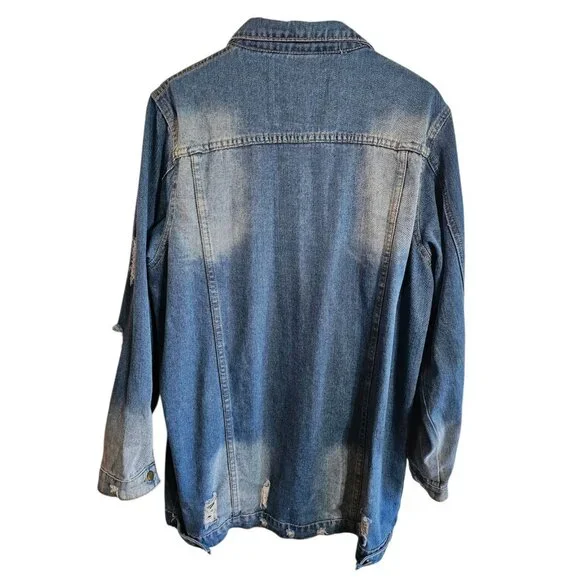 Womens XXL Longline Distressed Denim Jacket Blue Wash Button Front Pockets Y2K - Picture 3 of 7